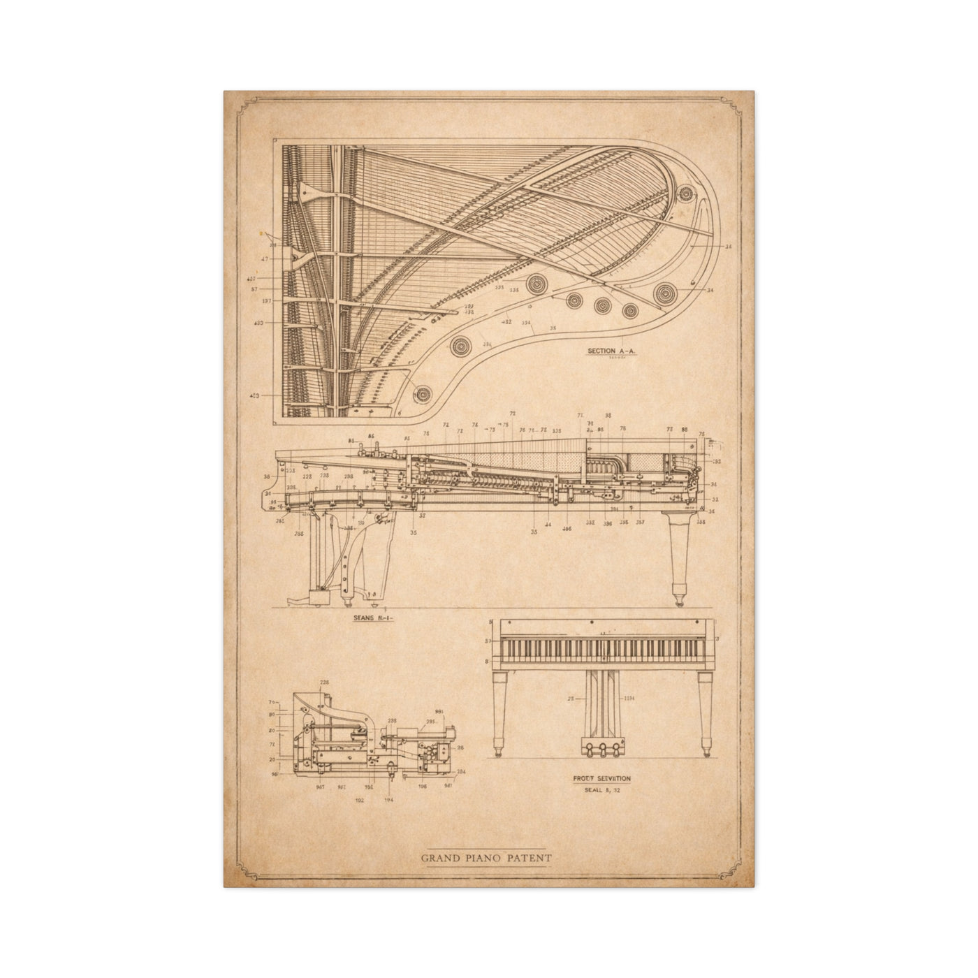 Grand Piano Blueprint Study Wall Art & Canvas Print