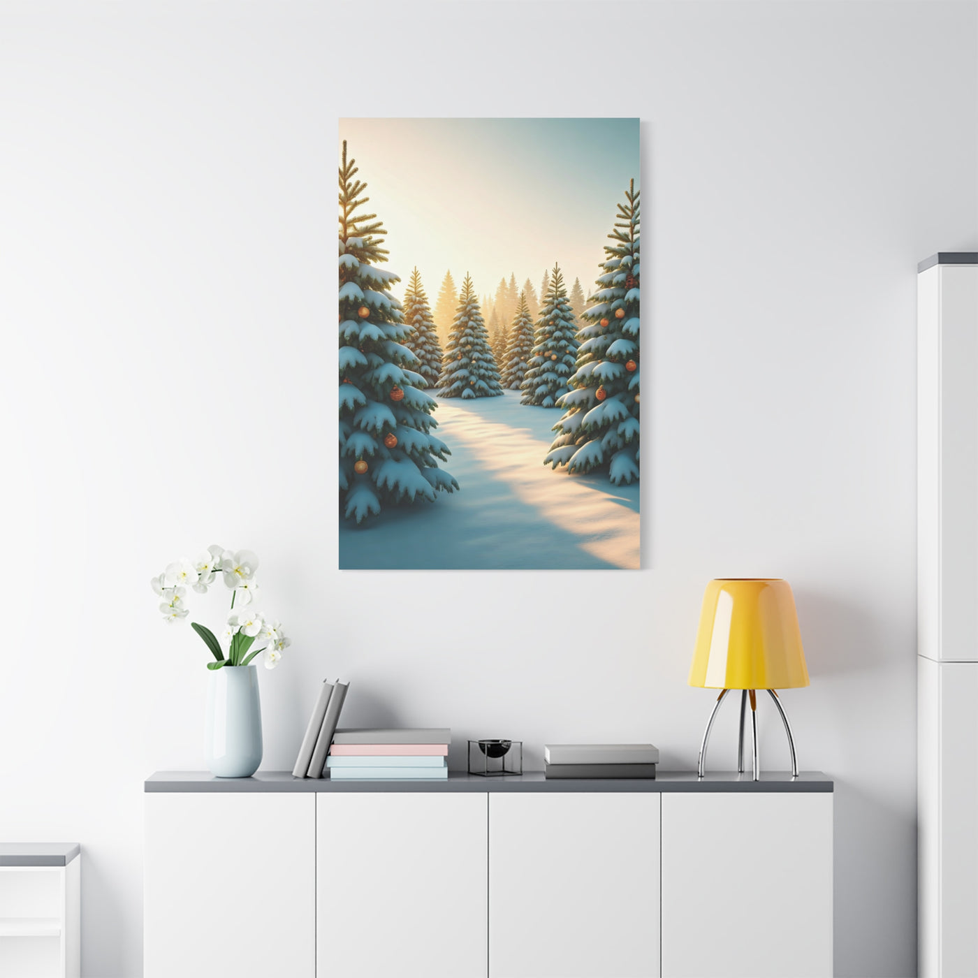 Snow Covered Christmas Tree Forest Under Winter Light Wall Art & Canvas Print