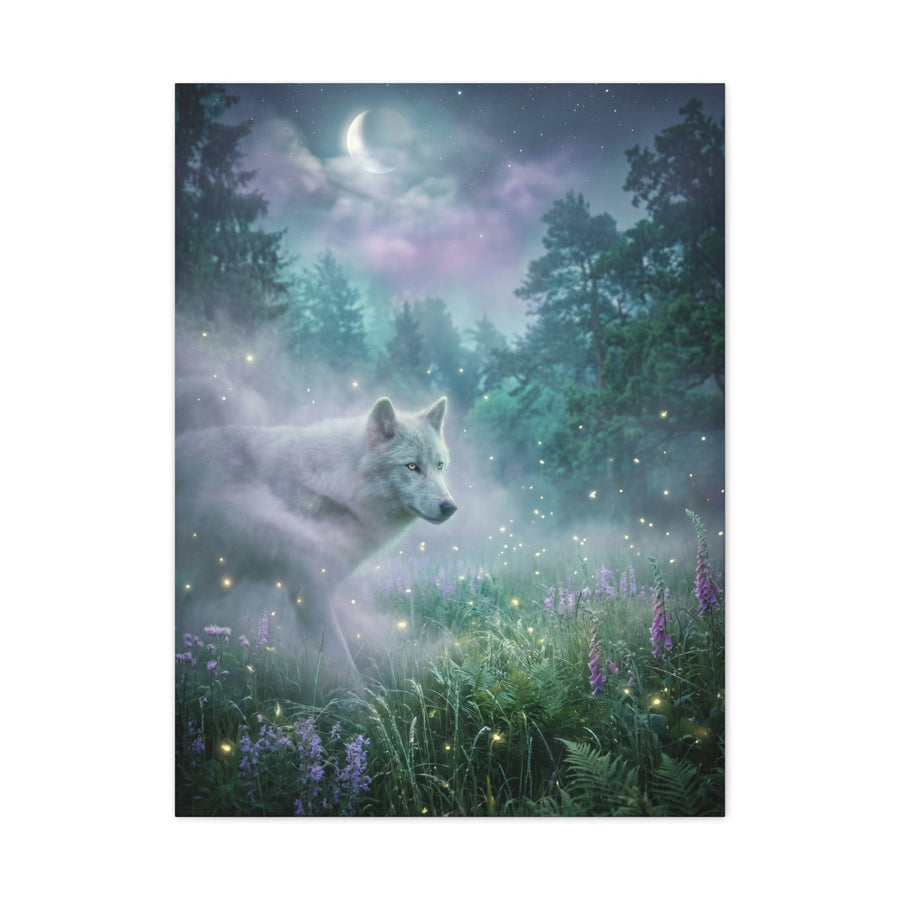 Ethereal White Wolf Moonlit Meadow Scene Wall Art & Canvas Print