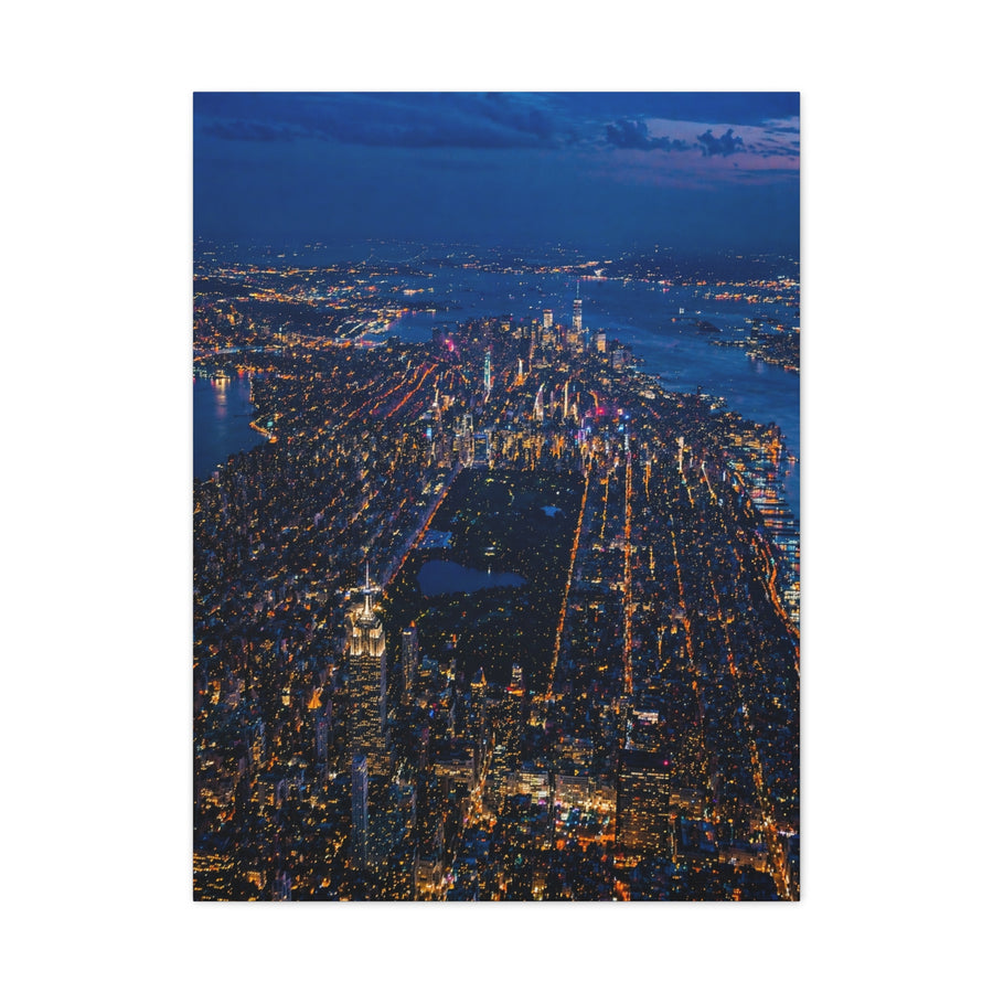 Aerial Manhattan Night Grid Wall Art & Canvas Print