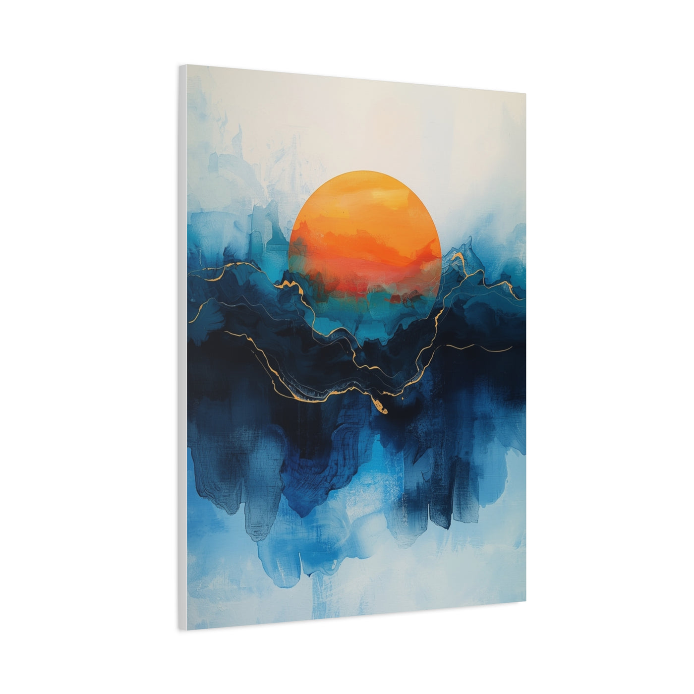 Orange Sun Over Indigo Waves Abstract Wall Art & Canvas Print