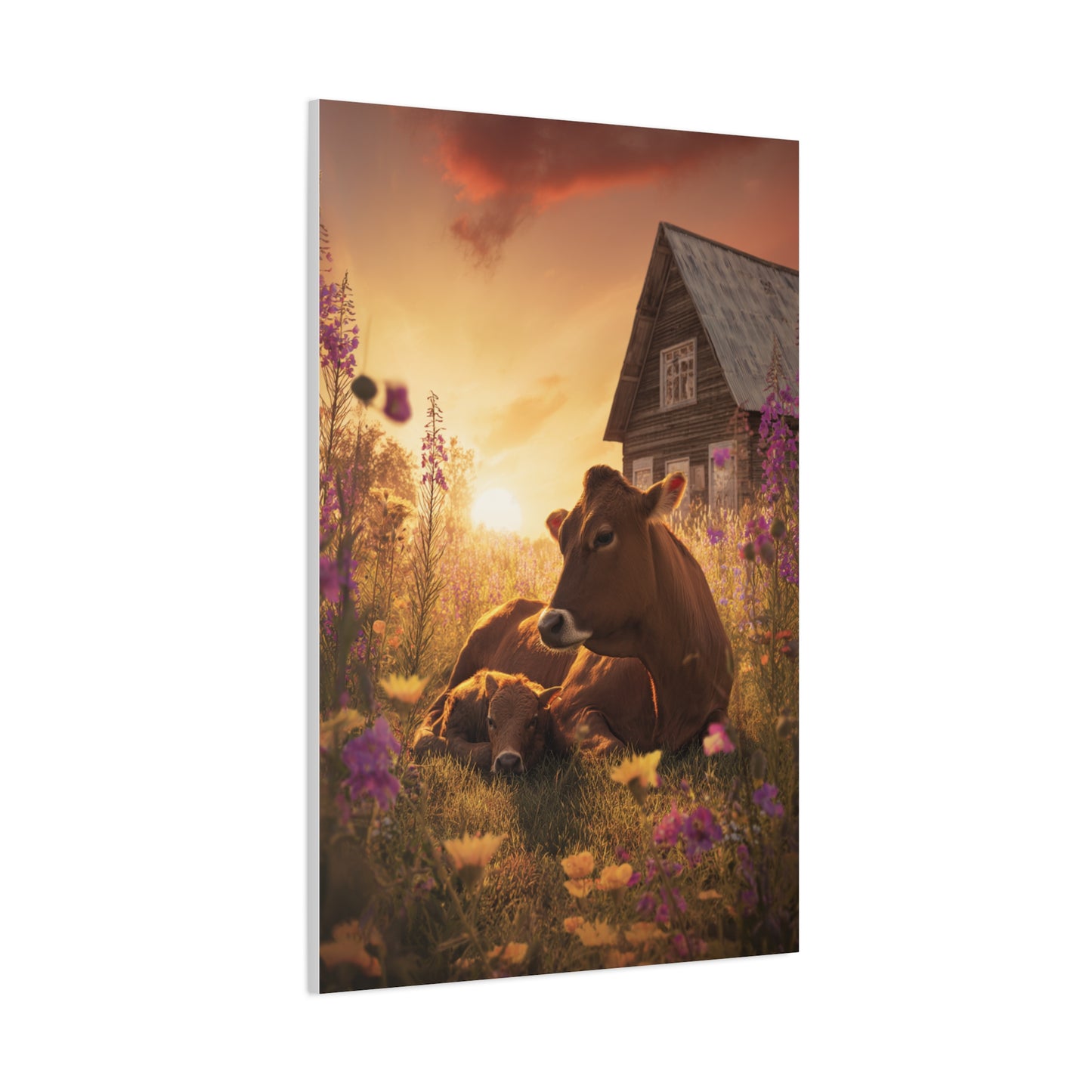 Sunset Farm Meadow Cow and Calf Wall Art & Canvas Print
