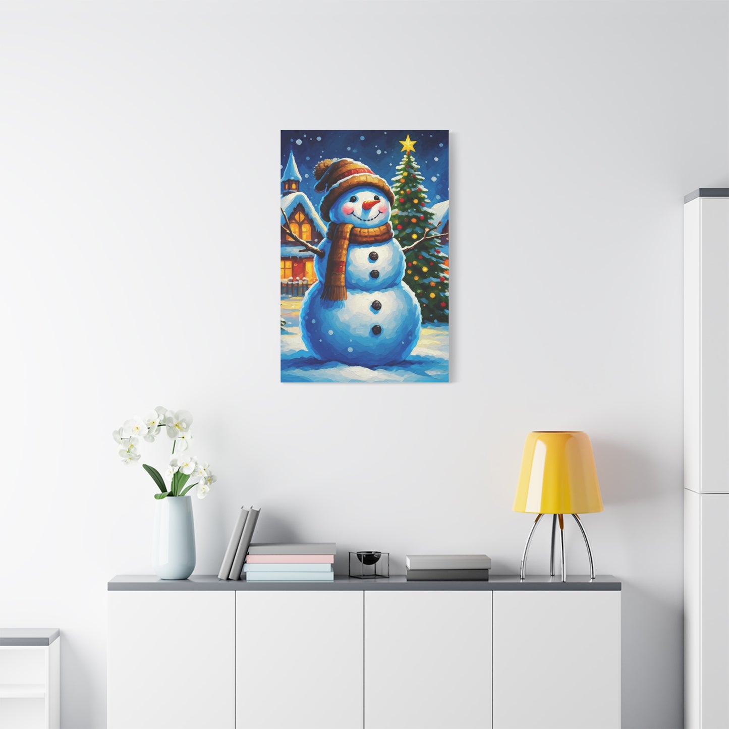 Artistic Snowman in Winter Village Scene Wall Art & Canvas Print