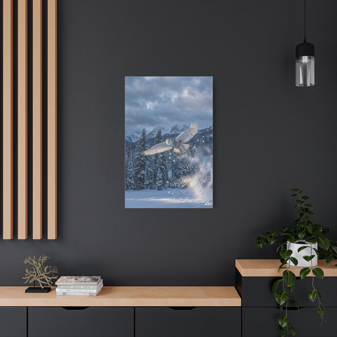 Snowy Owl Mountain Flight Wall Art & Canvas Print