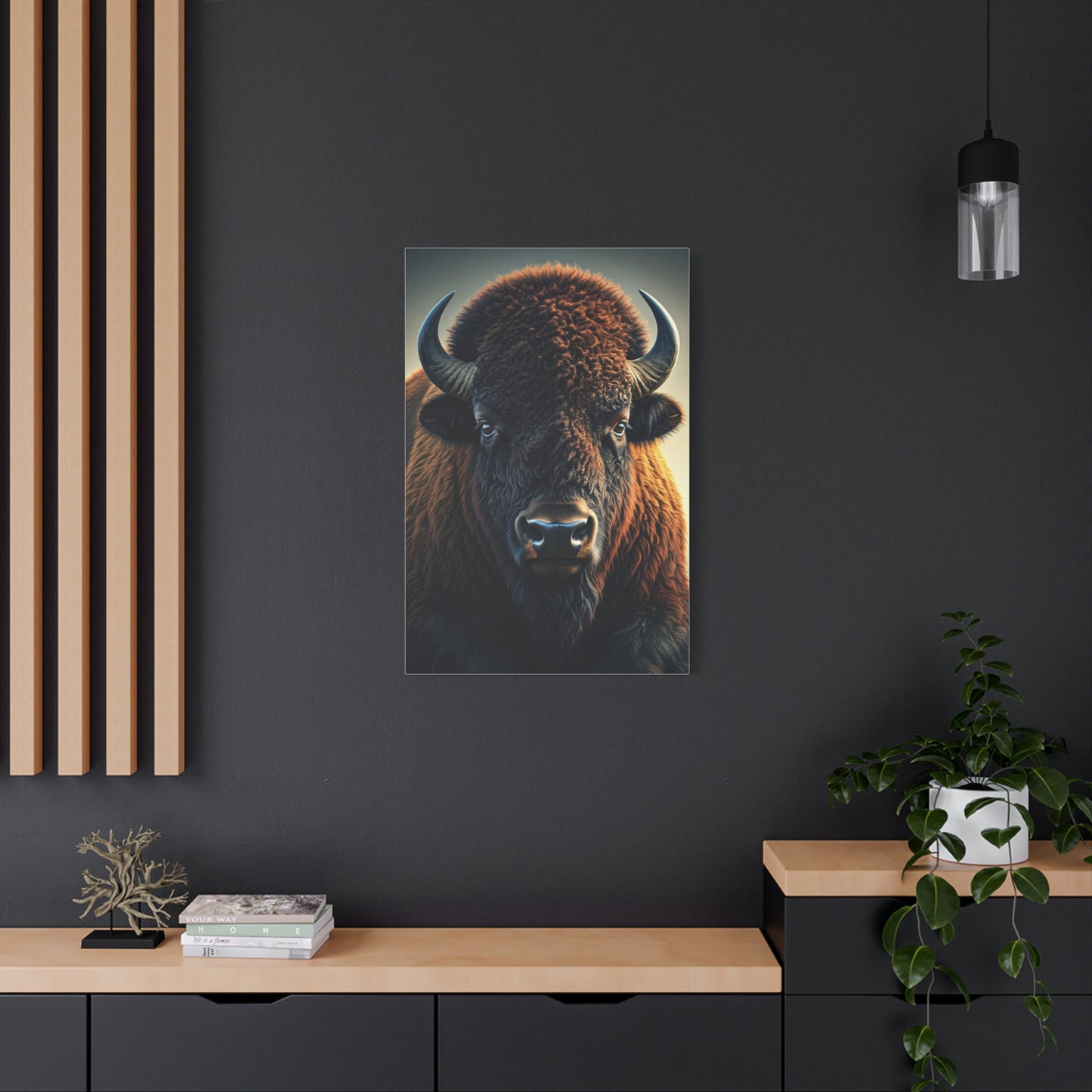 Classic Frontal American Bison Portrait with Soft Neutral Backdrop Wall Art & Canvas Print