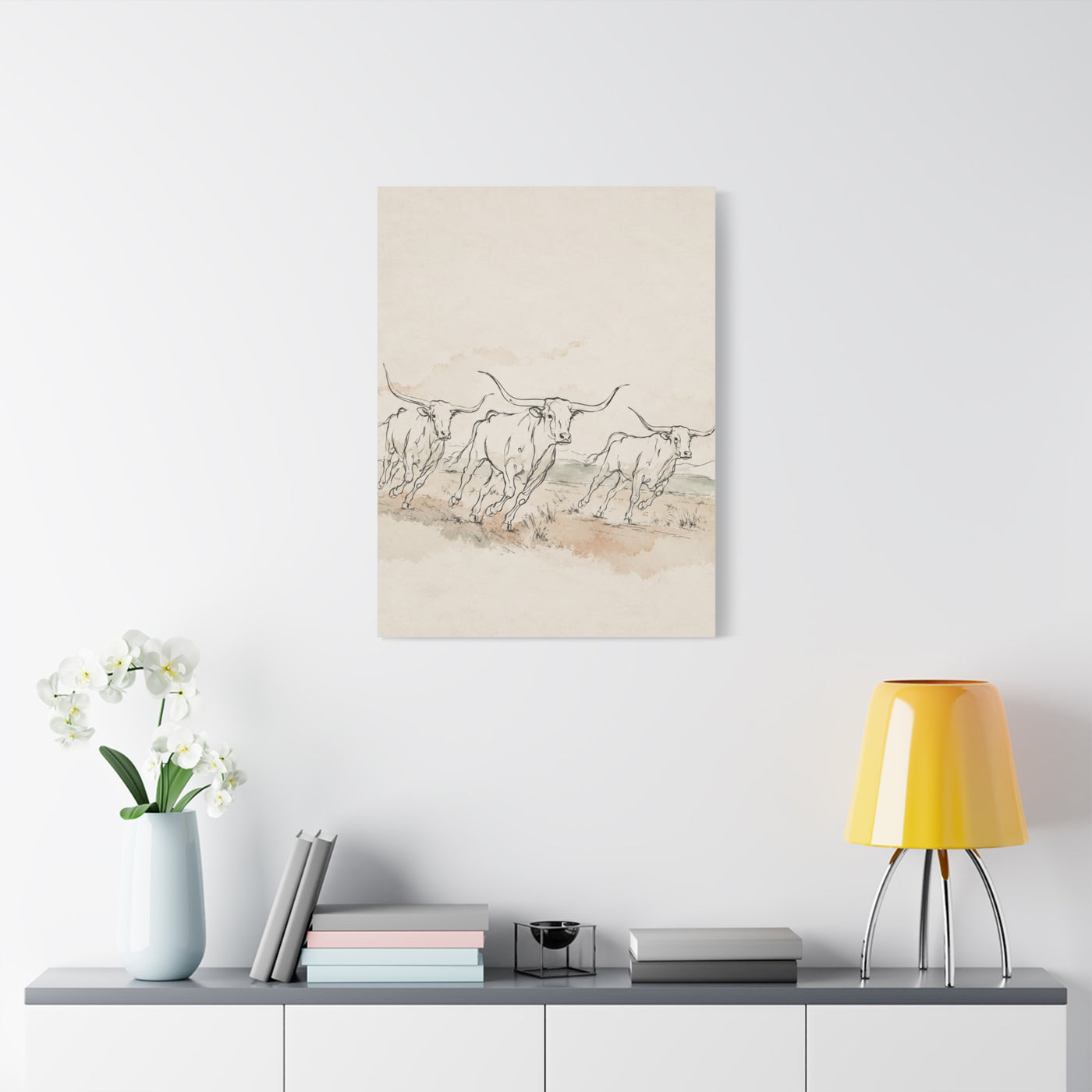 Running Longhorn Line Sketch Panorama Wall Art & Canvas Print