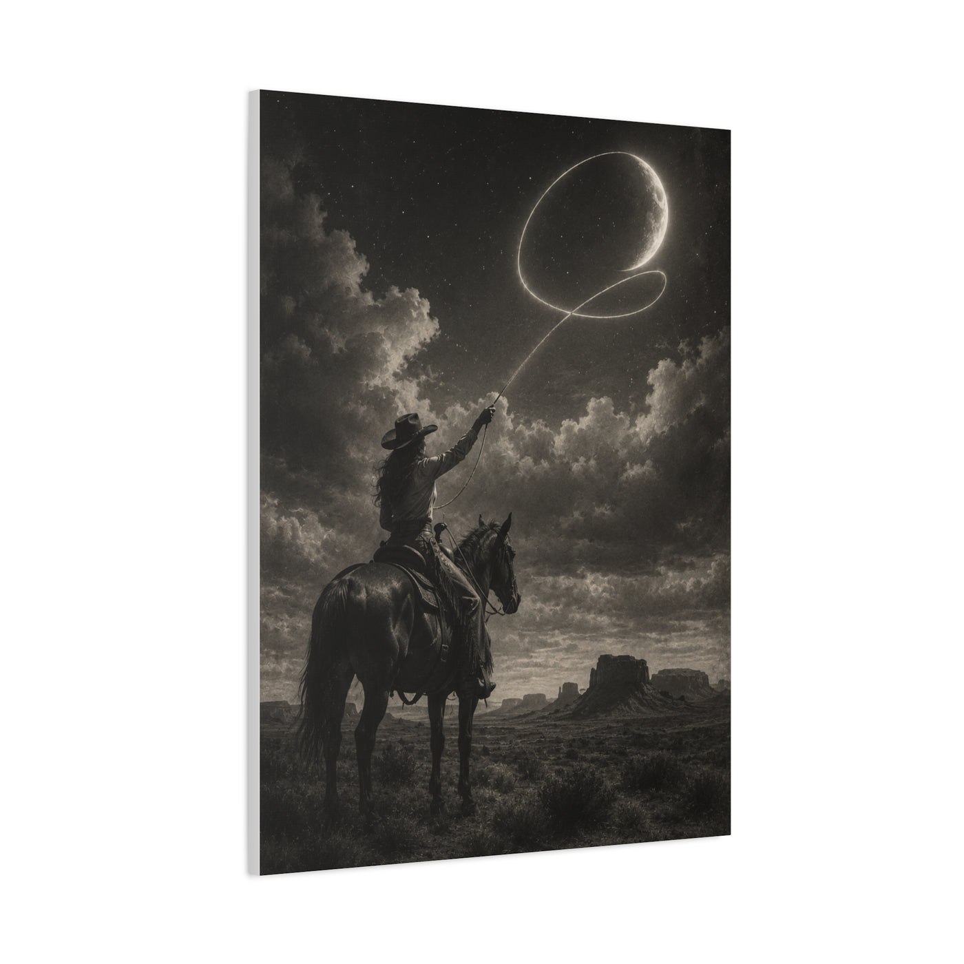 Cowgirl Moon Lasso Silhouette Scene Wall Art & Canvas Print
