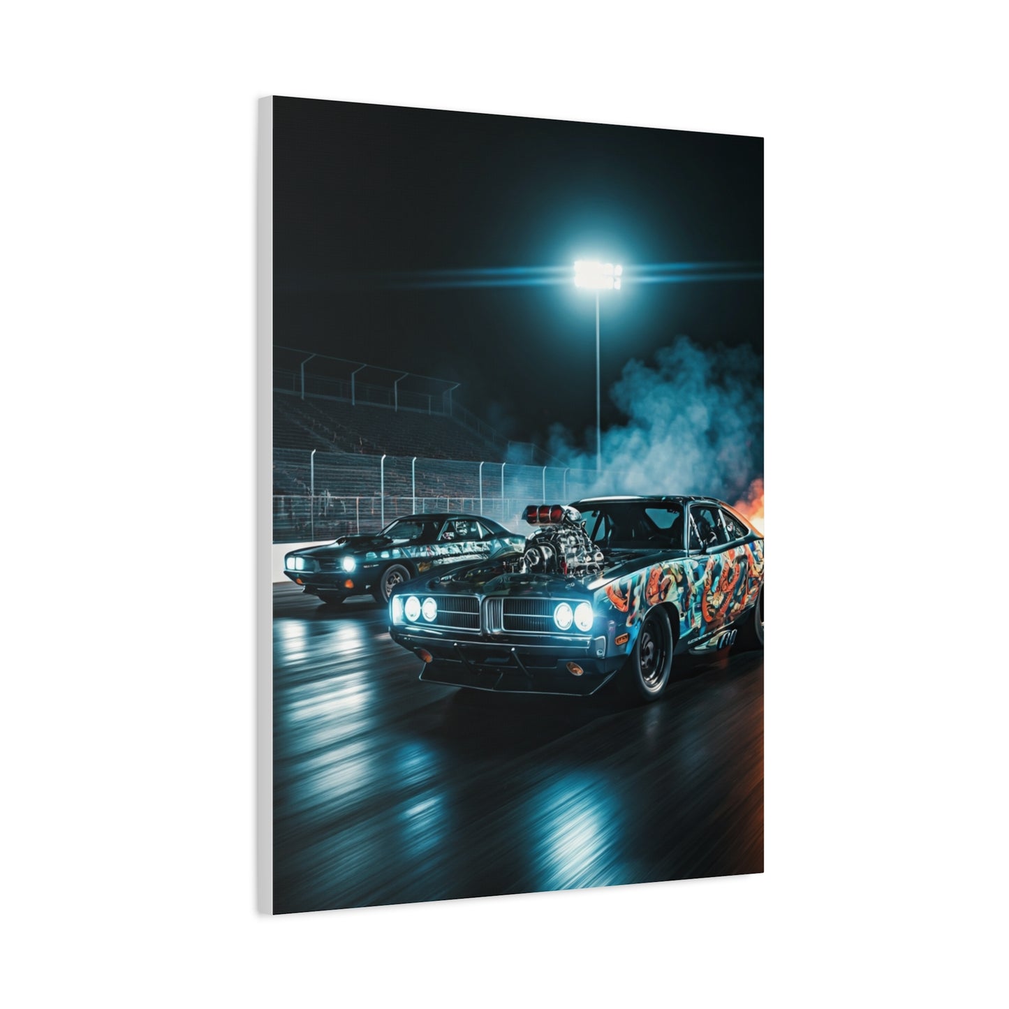 1970 Dodge Charger R/T vs 1970 Plymouth Barracuda Night Drag Duel Wall Art & Canvas Prints