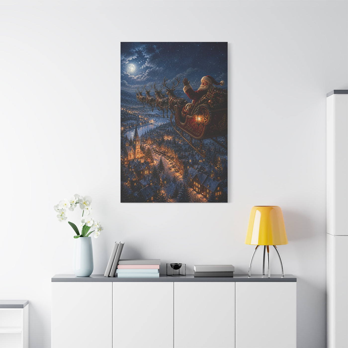 Santa Sleigh Flight Over Snowy Village Wall Art & Canvas Print