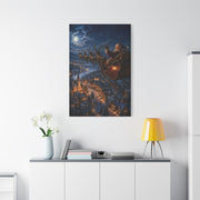 Santa Sleigh Flight Over Snowy Village Wall Art & Canvas Print