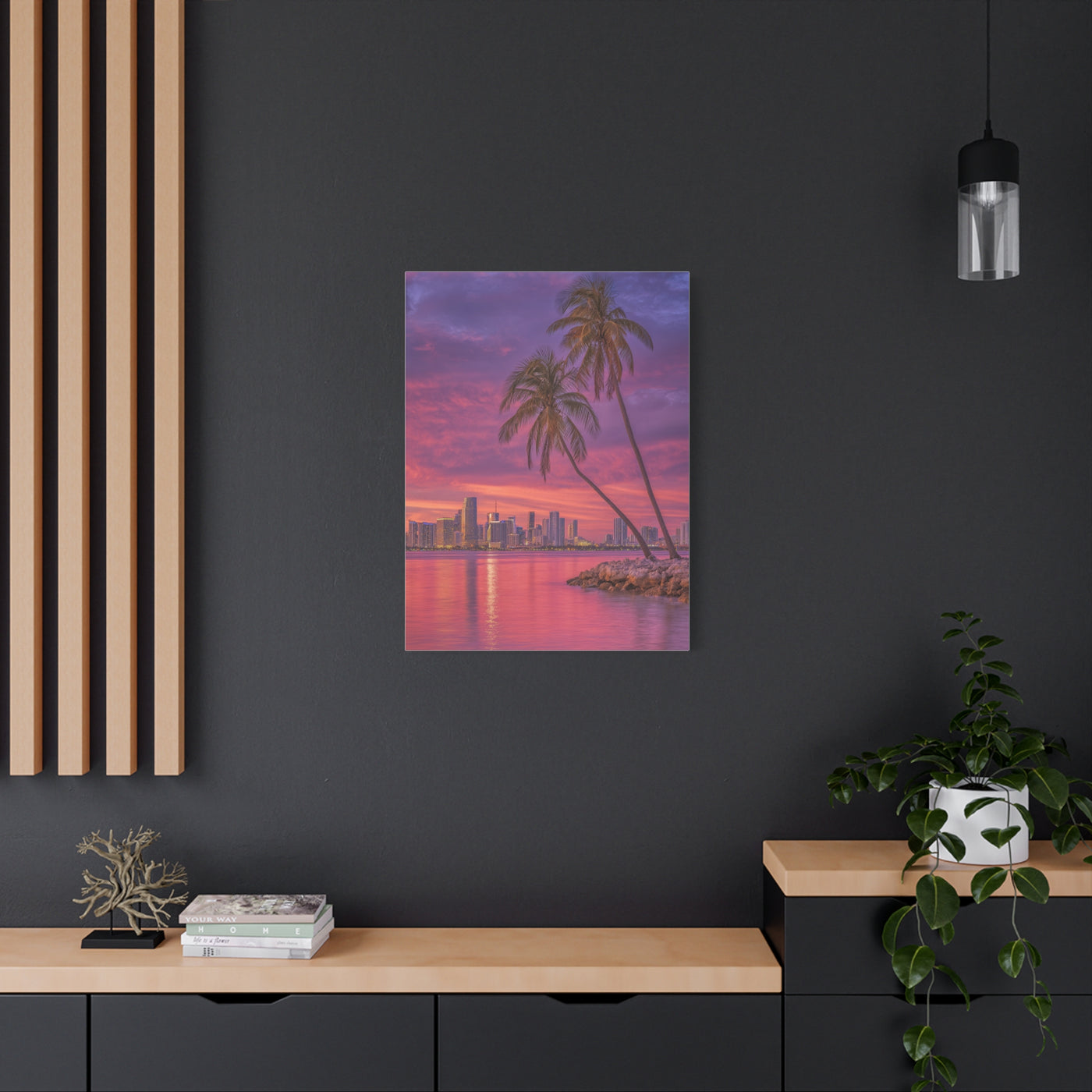 Miami Skyline Tropical Sunset With Palm Trees Wall Art & Canvas Print