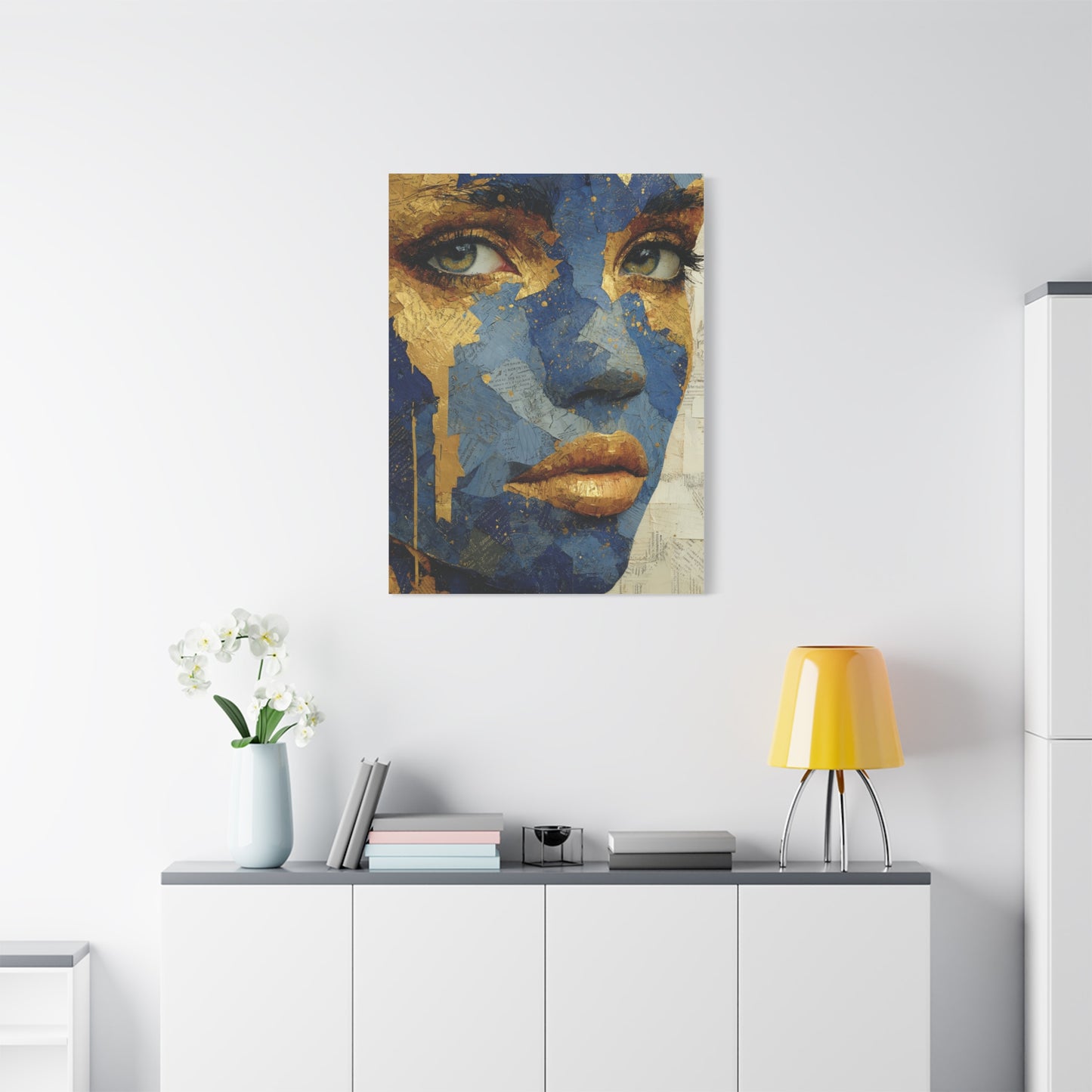 Blue and Gold Abstract Face Collage Wall Art & Canvas Print