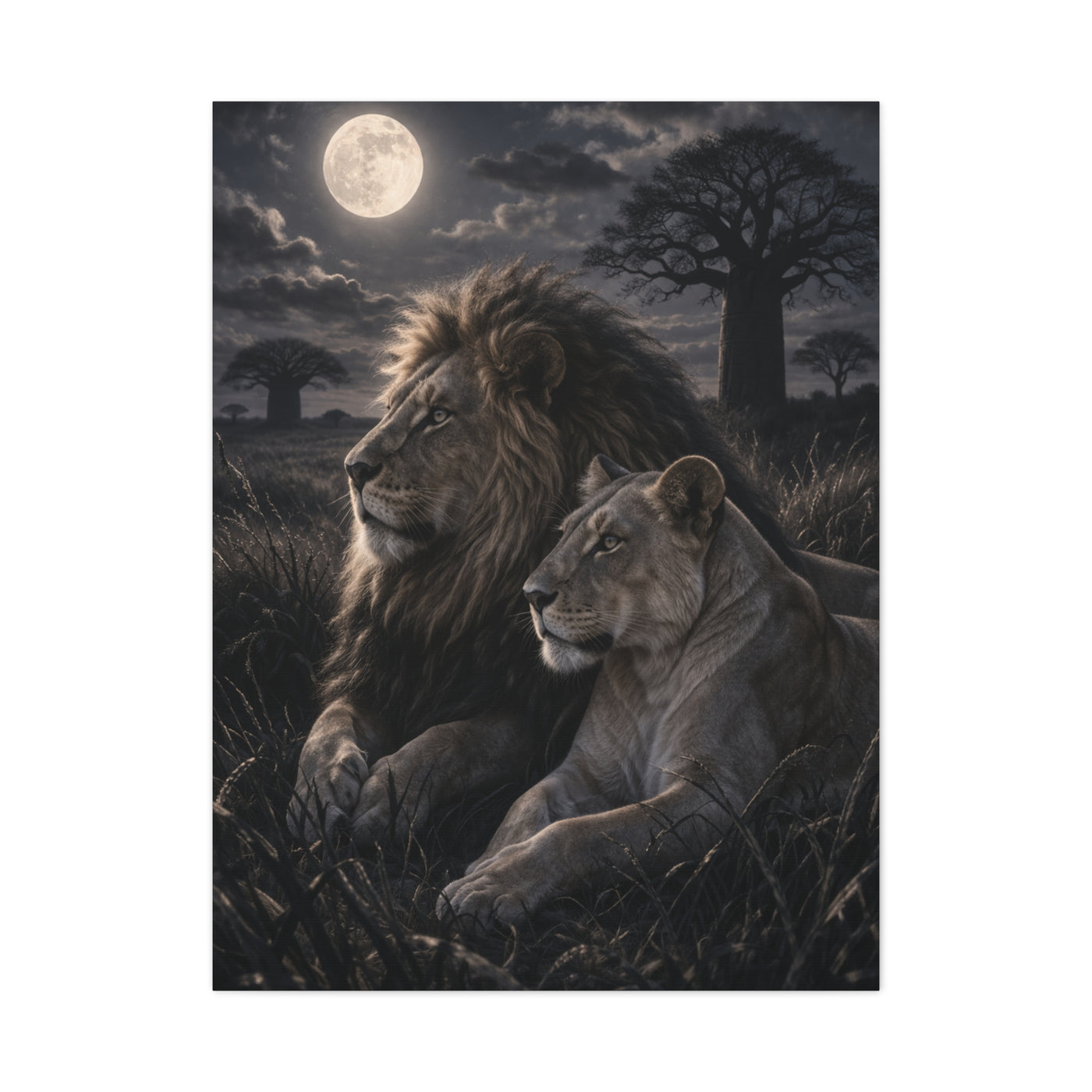 Lion and Lioness Under Moonlight Unity Wall Art & Canvas Print