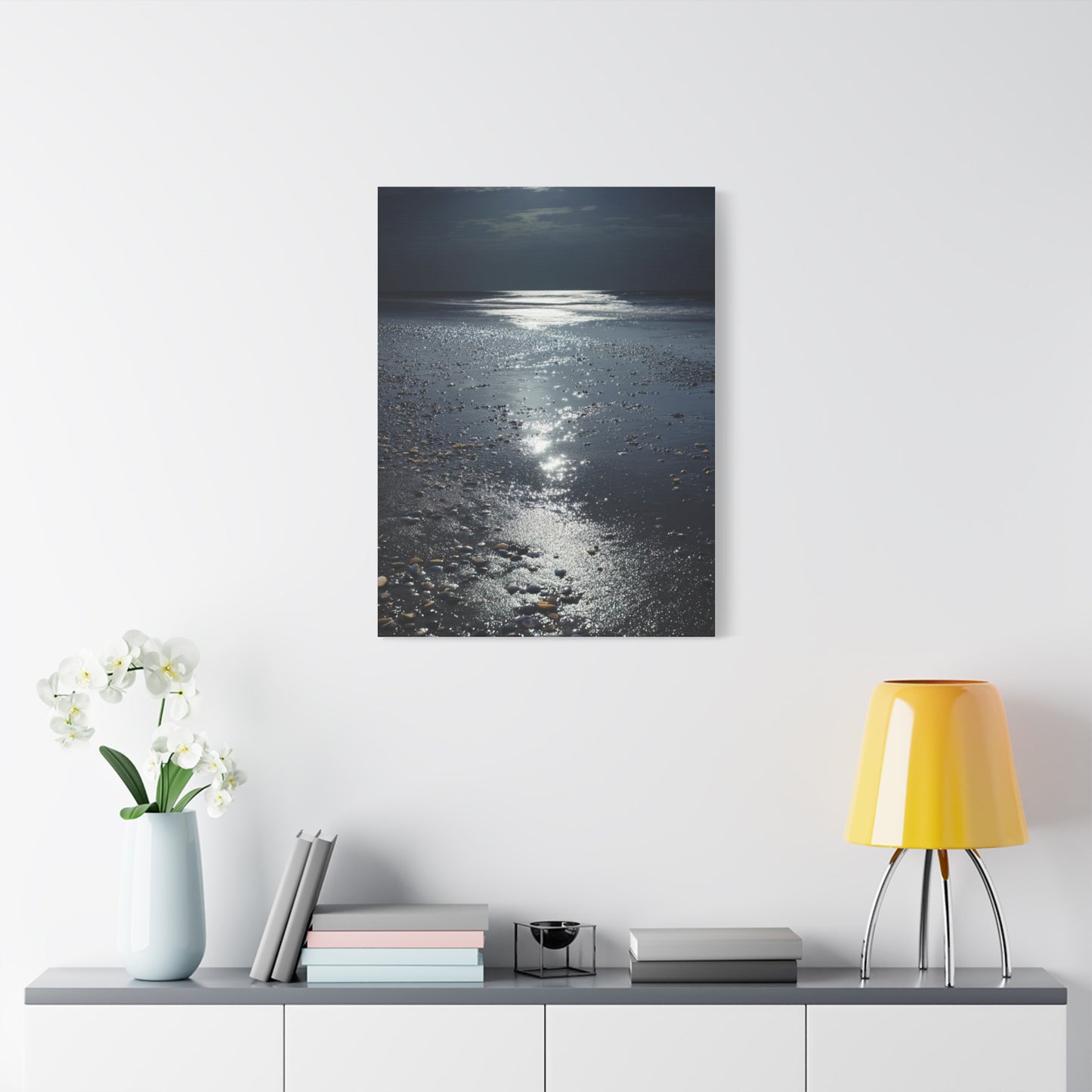 Moonlit Beach Reflections with Scattered Seashells Wall Art & Canvas Print