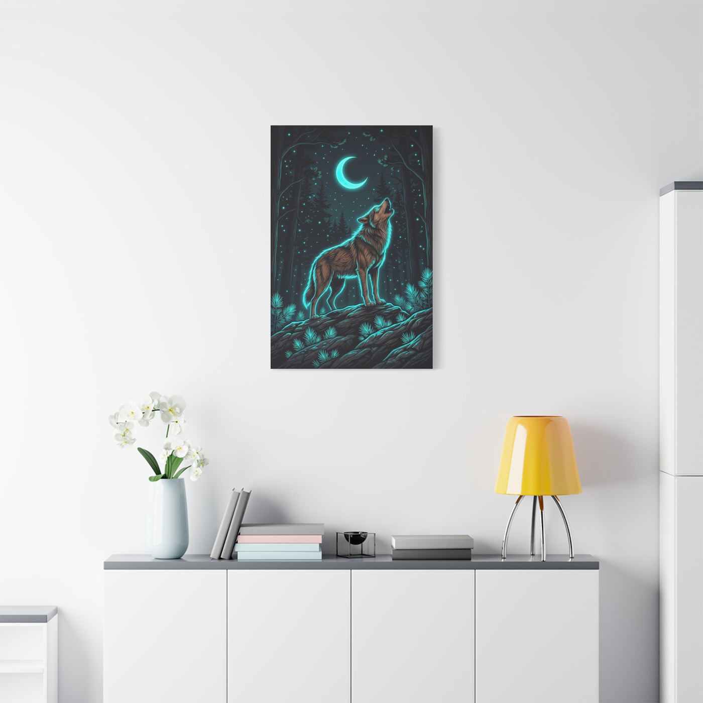 Moonlit Forest Wolf Neon Outline Scene Wall Art & Canvas Print