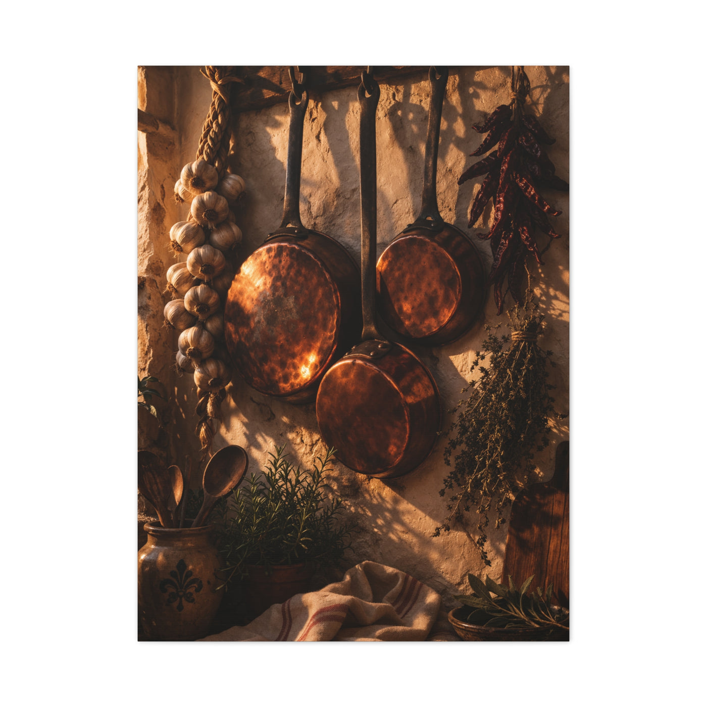Copper Cookware Rustic Kitchen Wall Art & Canvas Print