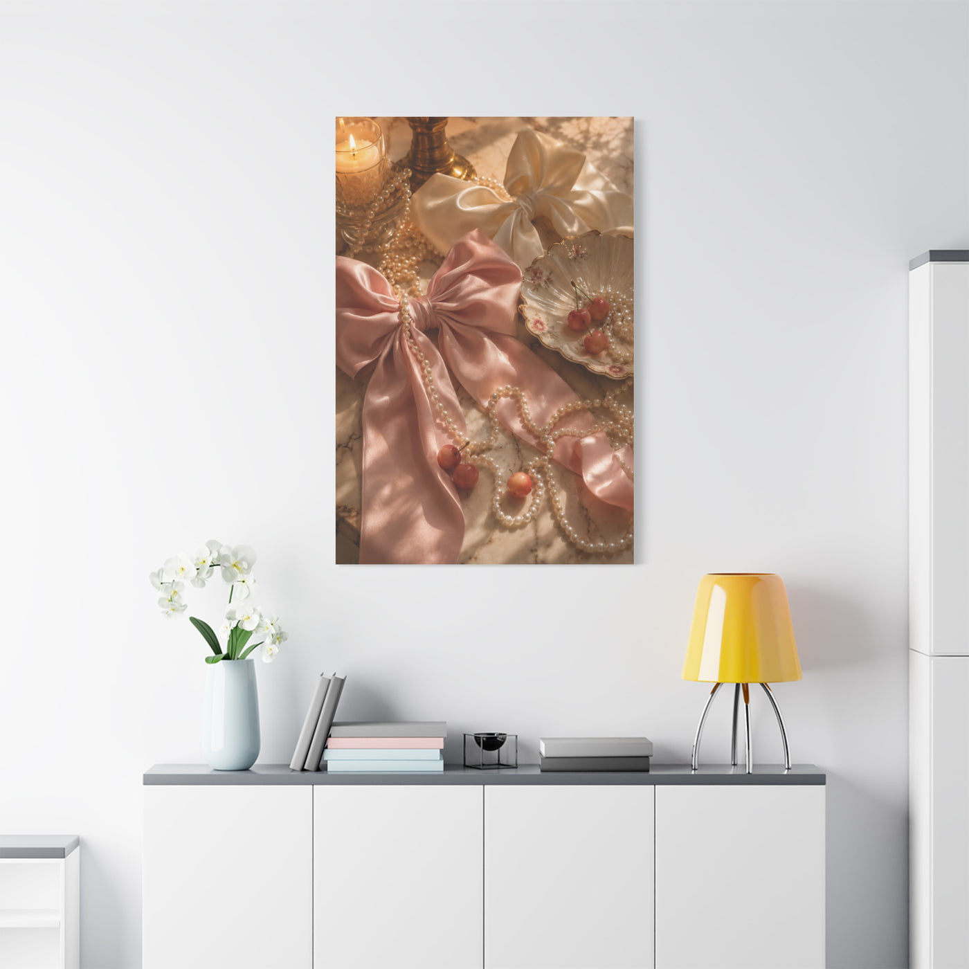 Coquette Silk Bow & Pearl Still Life Wall Art & Canvas Print
