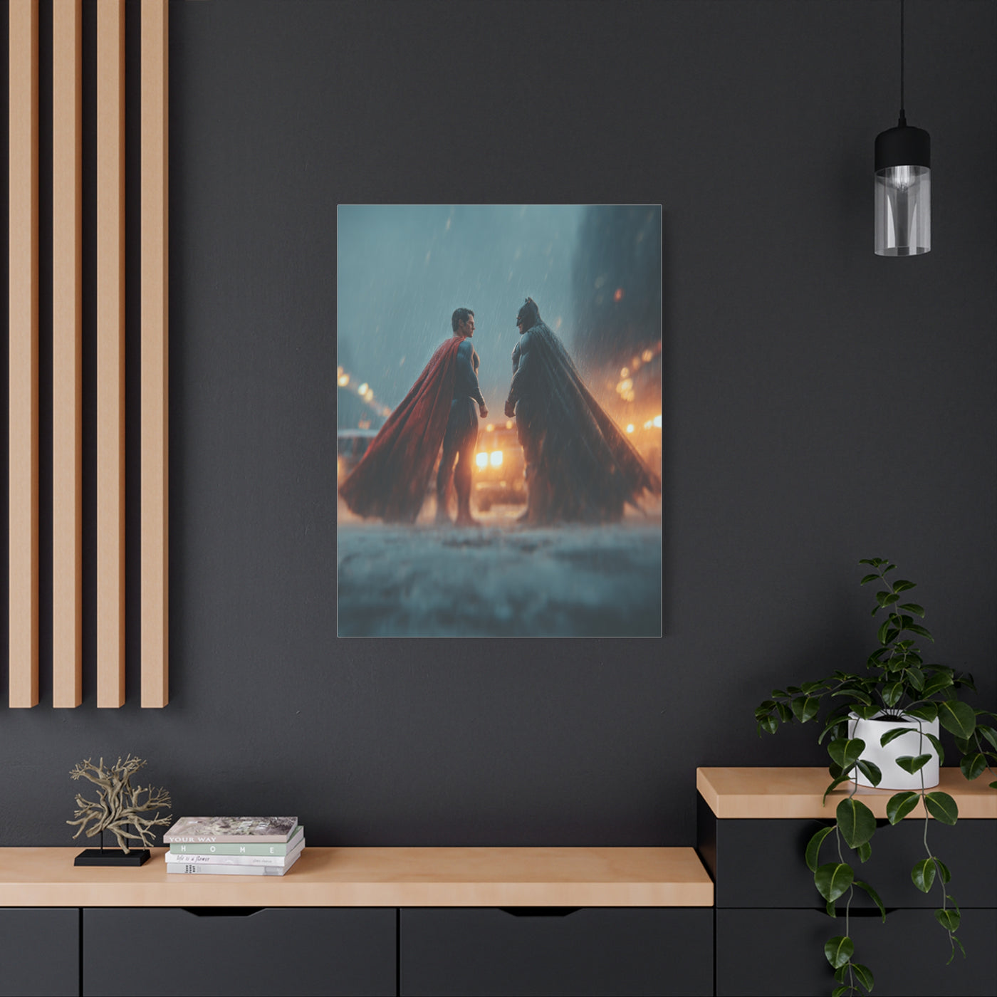 Batman vs Superman Rainy Gotham Clash Poster Wall Art & Canvas Print