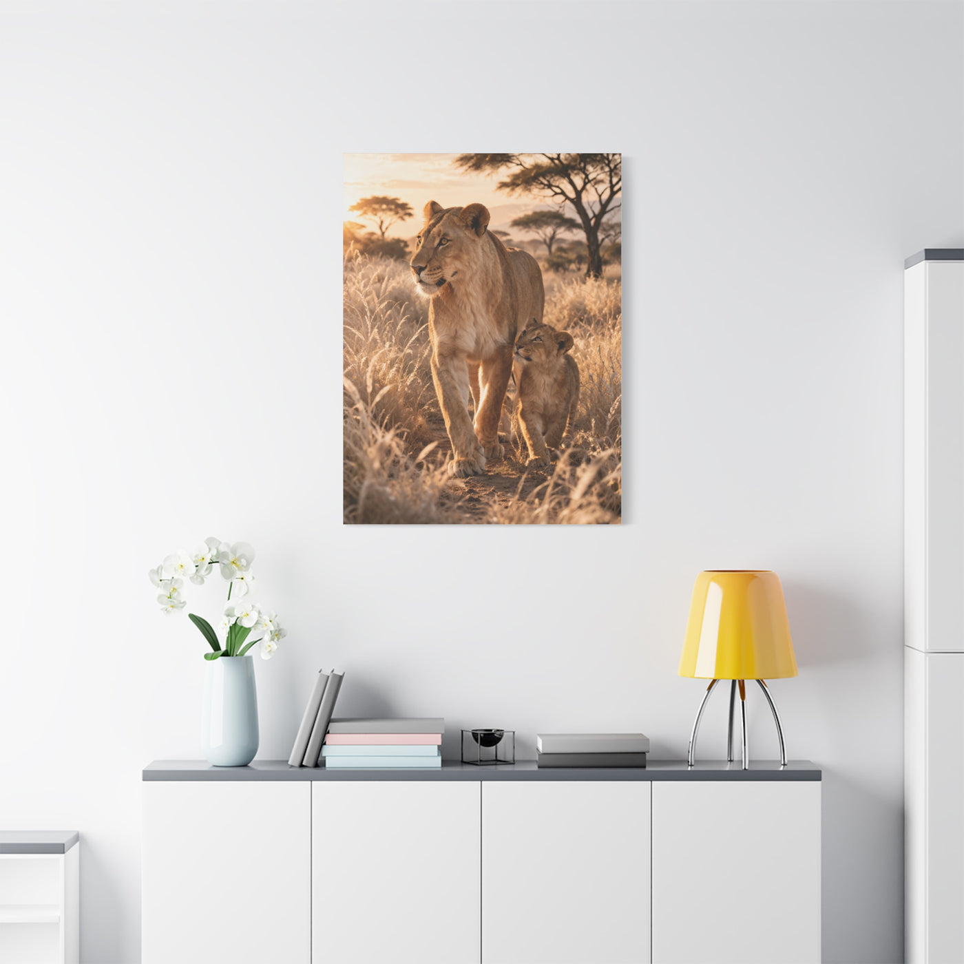 Lioness and Cub Golden Walk Wall Art & Canvas Print