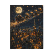 Moonlit Santa Sleigh Over Winter Village Wall Art & Canvas Print