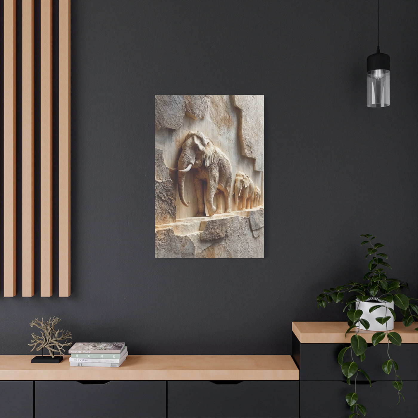 Elephant Procession Stone Relief Wall Art & Canvas Print