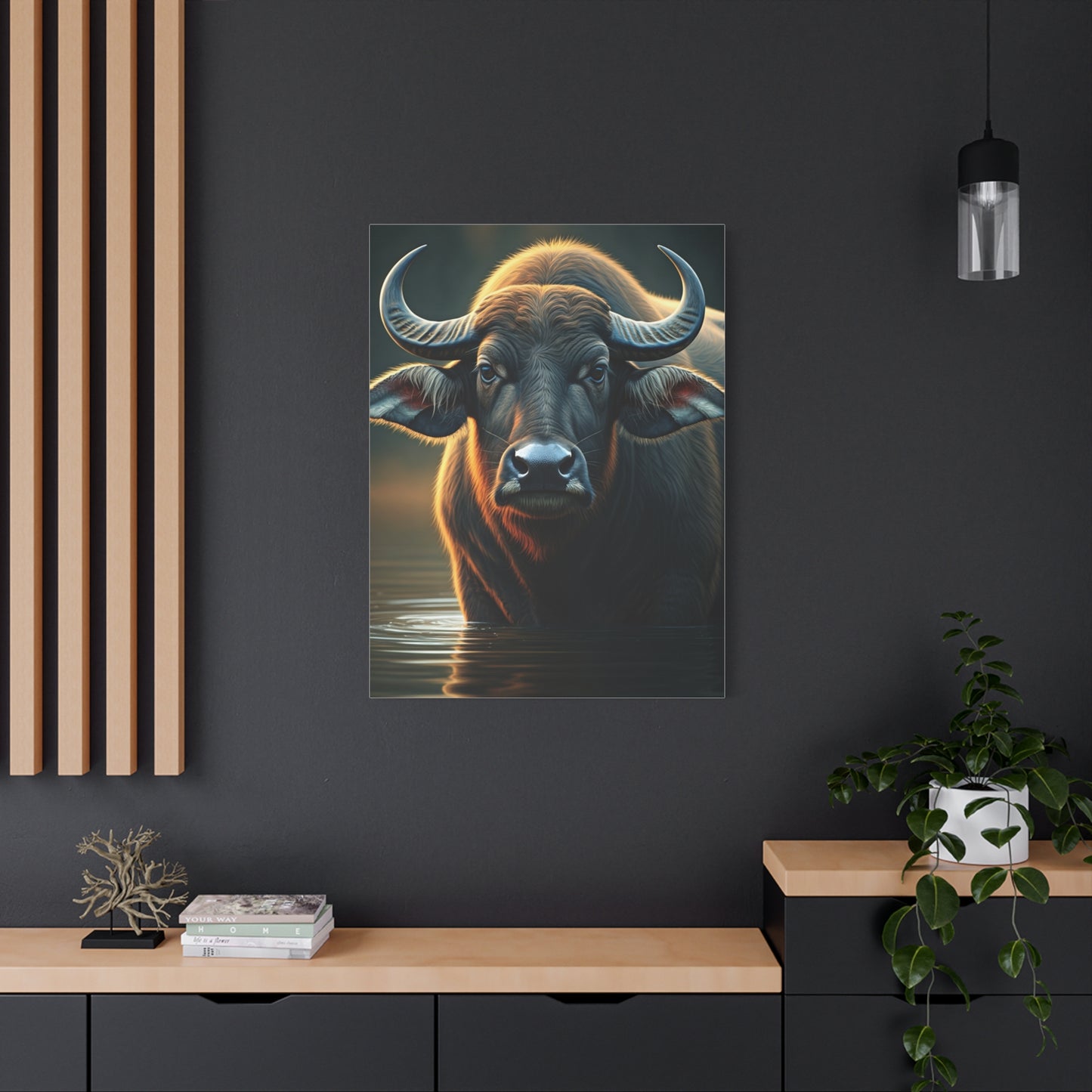 Golden Rim-Lit Buffalo Emerging from Water Wall Art & Canvas Print