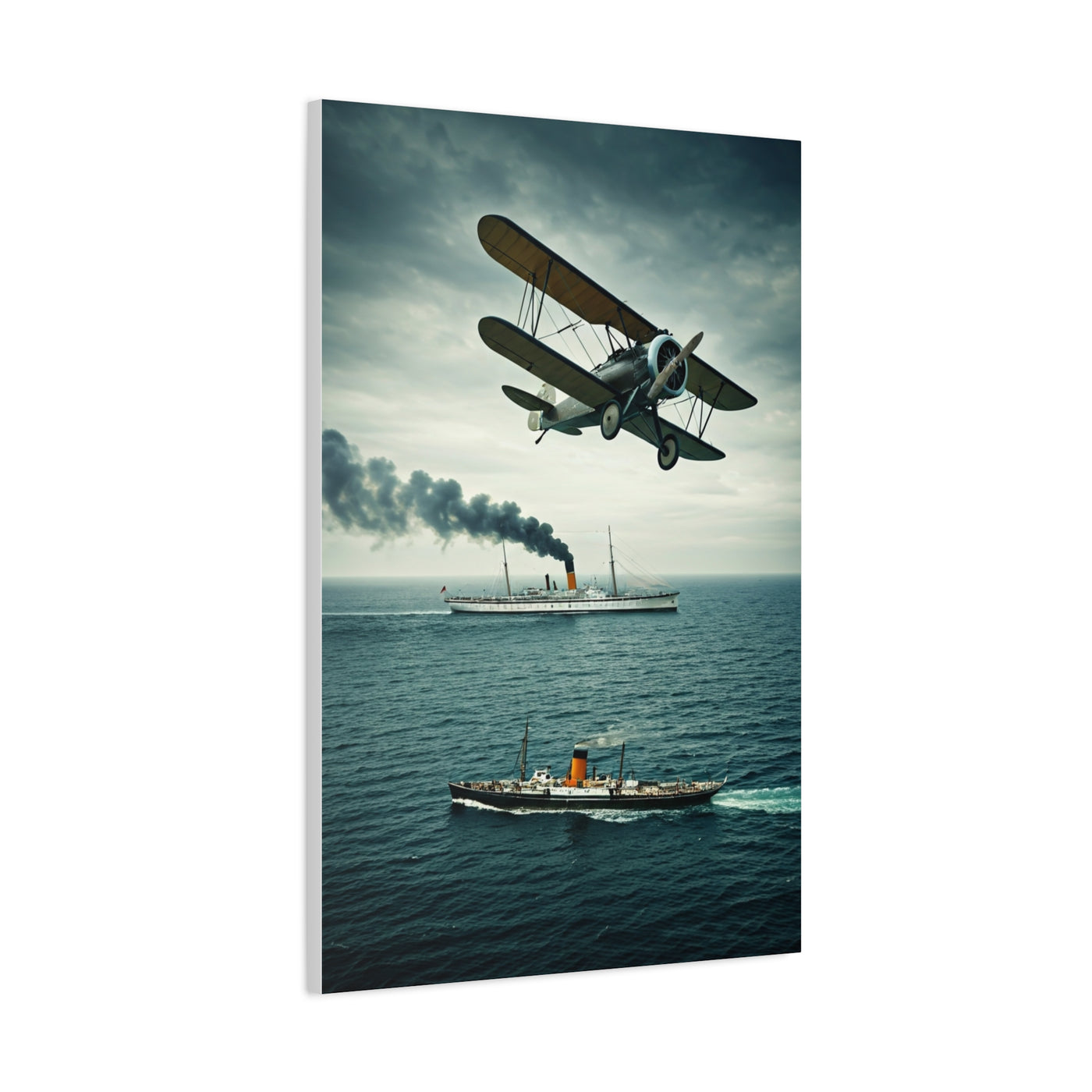 Vintage Biplane Over Open Sea Wall Art & Canvas Prints