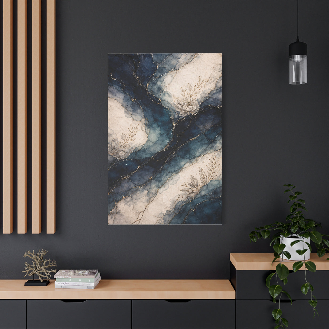 Navy Marble Botanical Flow Wall Art & Canvas Print