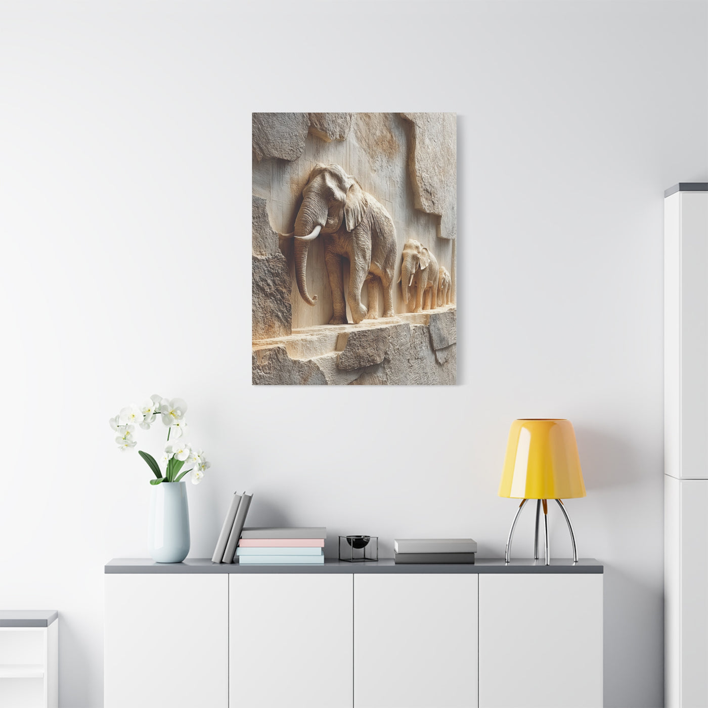 Elephant Procession Stone Relief Wall Art & Canvas Print