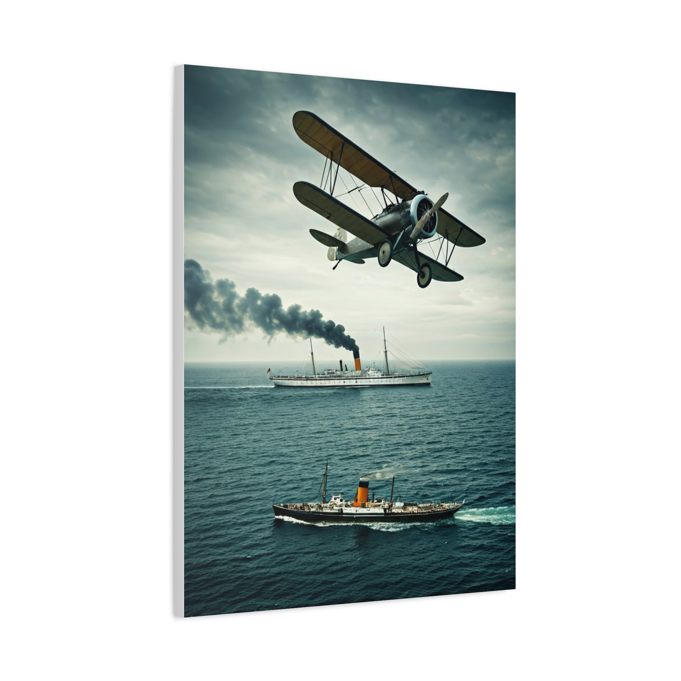 Vintage Biplane Over Open Sea Wall Art & Canvas Prints