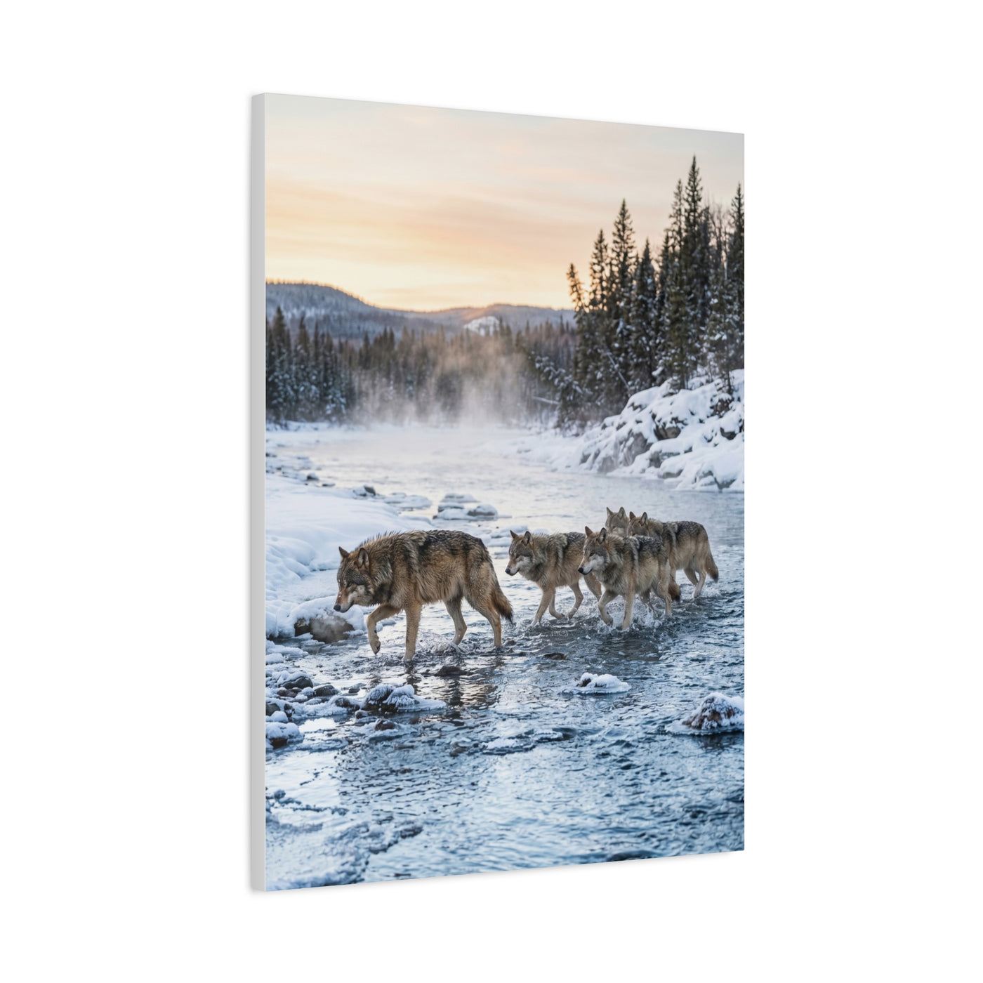 Winter River Wolf Pack Crossing Scene Wall Art & Canvas Print