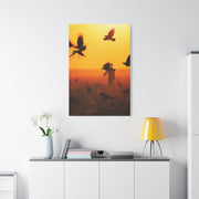 Crows Rising Over Pumpkin Field at Sunset Wall Art & Canvas Print