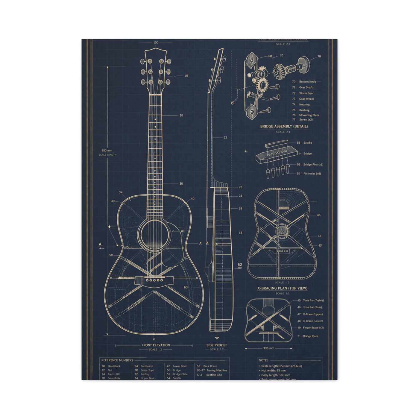 Acoustic Guitar Technical Blueprint Wall Art & Canvas Print