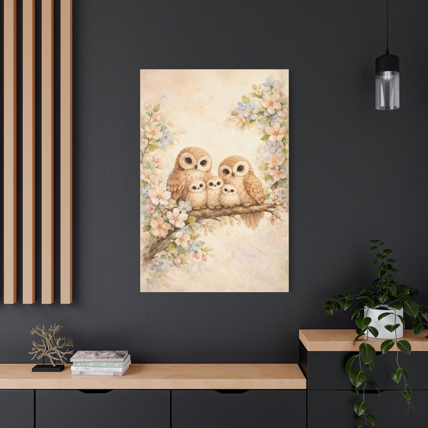 Whimsical Owl Family Blossom Scene Wall Art & Canvas Print