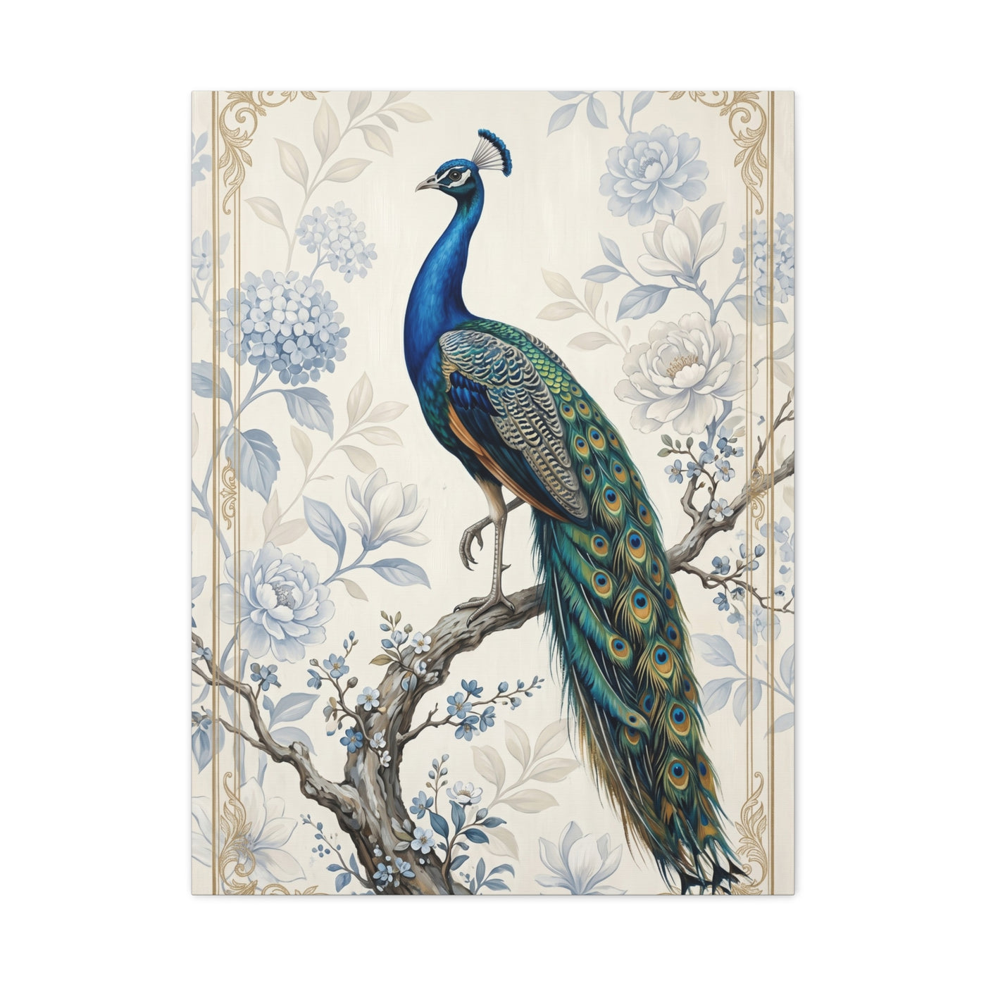 Elegant Blue Botanical Peacock Wall Art & Canvas Print