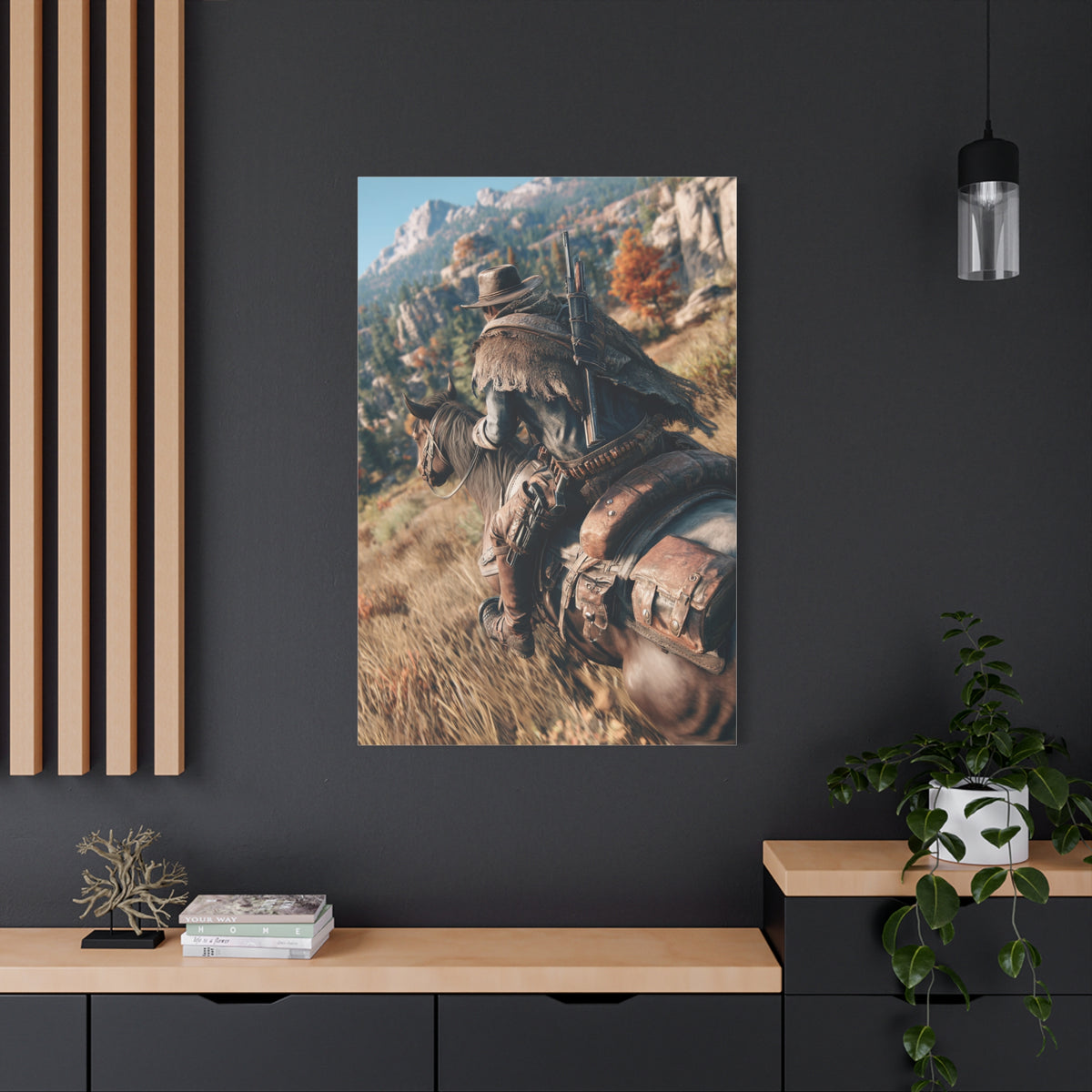 Cowboy Riding Through Mountain Canyon Wall Art & Canvas Print