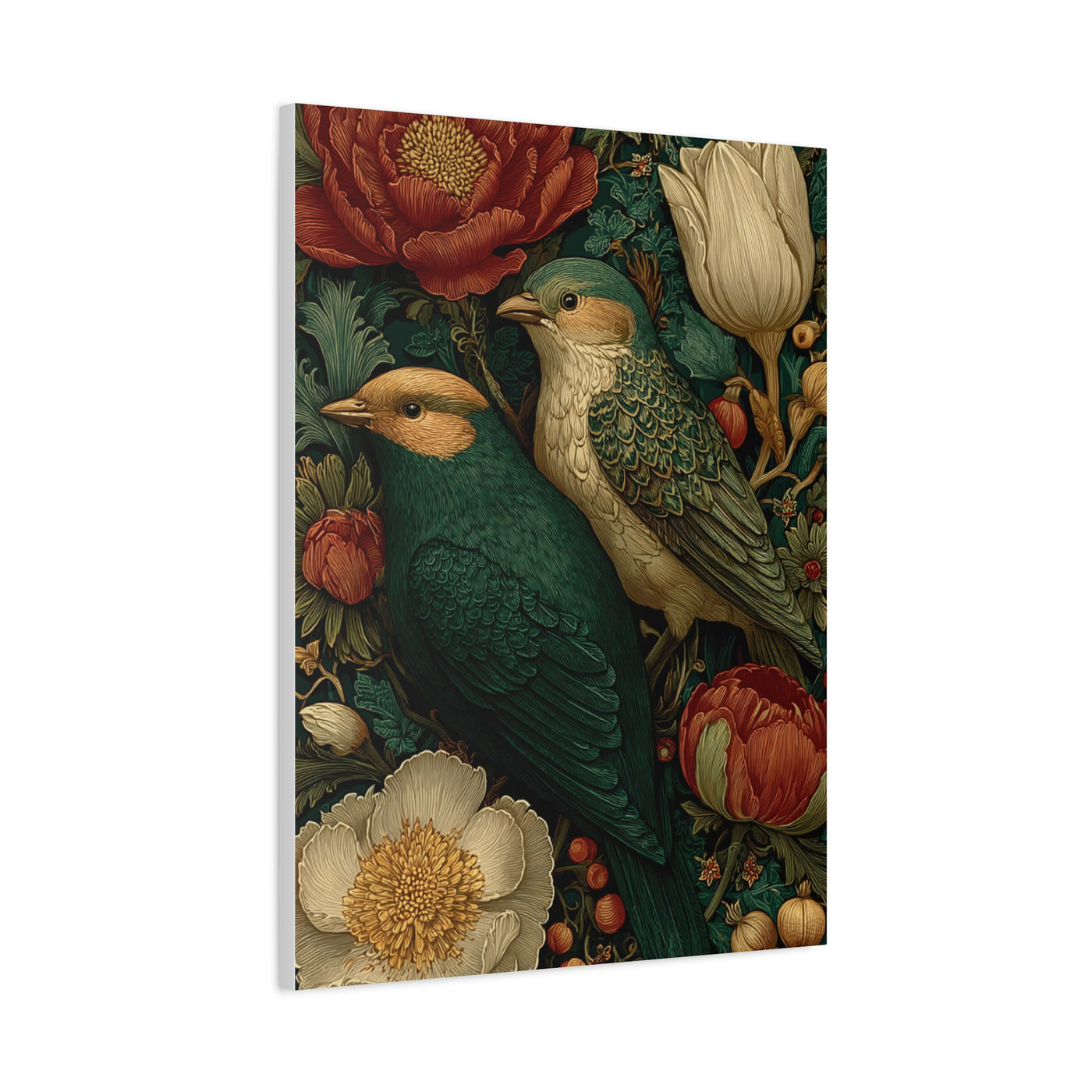 Green Botanical Songbird Pattern Wall Art & Canvas Print