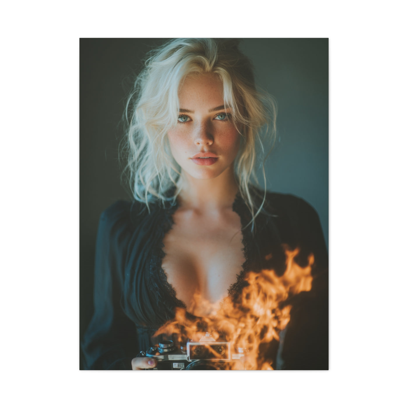 Blonde Muse Fire Camera Portrait Wall Art & Canvas Print