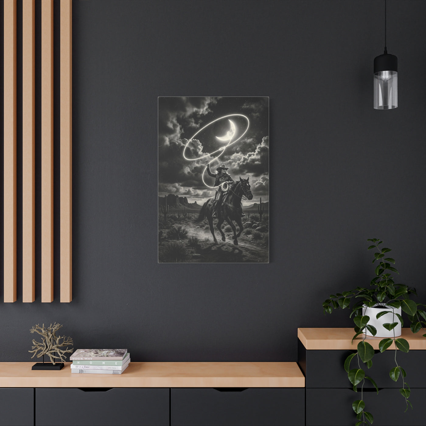Moon Lasso Cowgirl Night Scene Wall Art & Canvas Print
