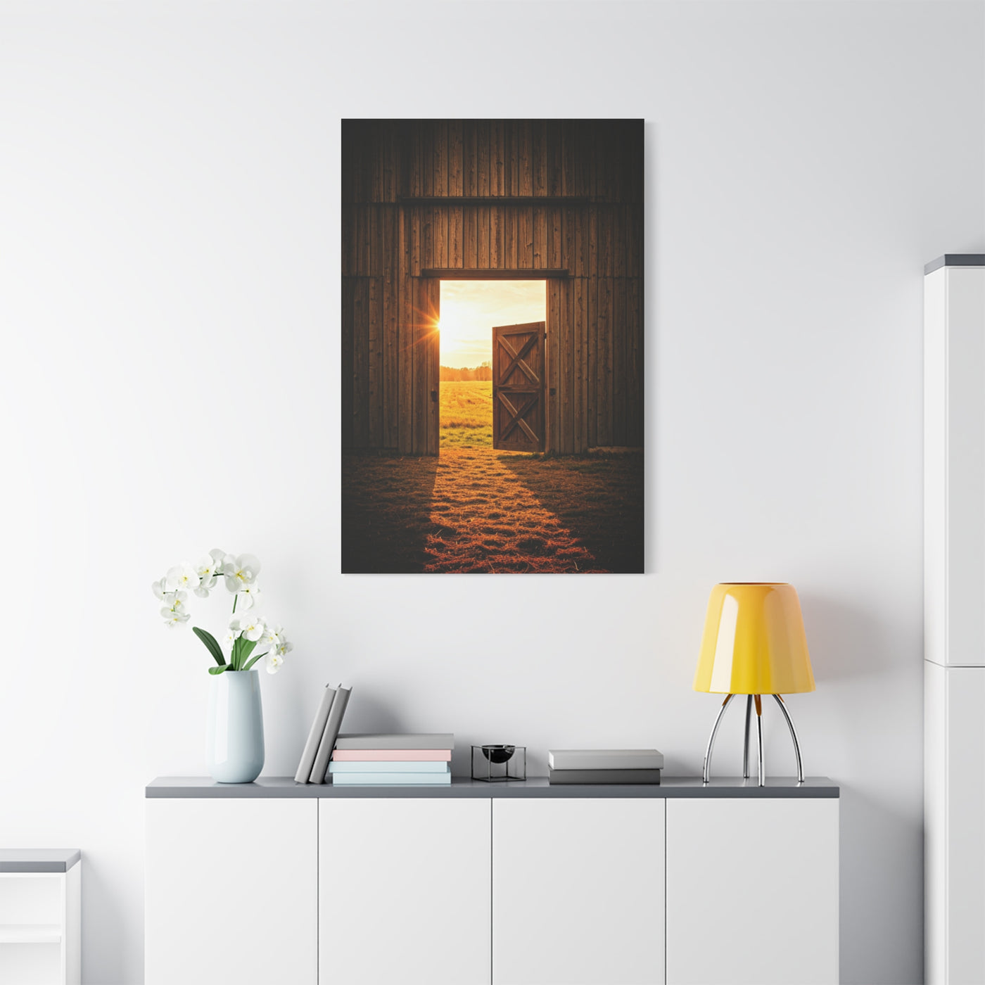 Open Barn Door at Sunrise Wall Art & Canvas Prints