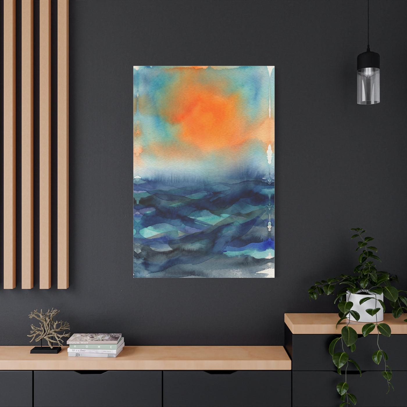 Abstract Orange Sky Over Watercolor Landscape Wall Art & Canvas Print