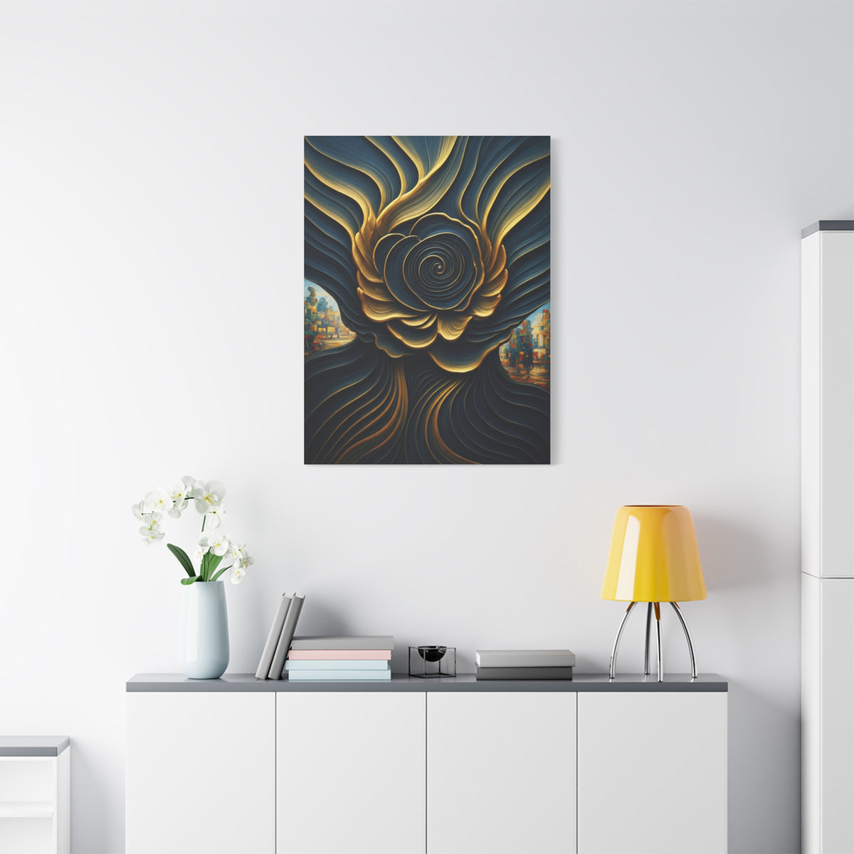 Golden Midnight Spiral Bloom Wall Art & Canvas Prints
