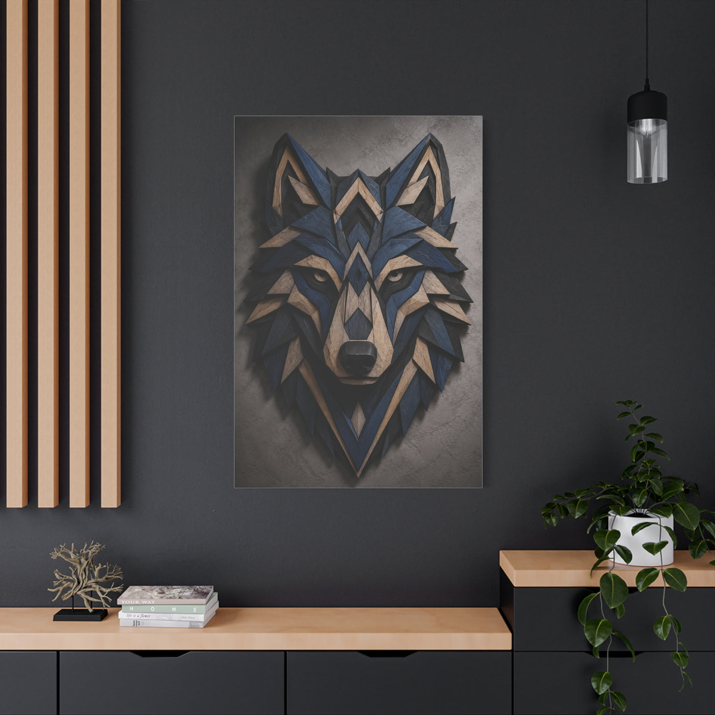 Layered Blue Geometric Wolf Head Sculpture Wall Art & Canvas Print