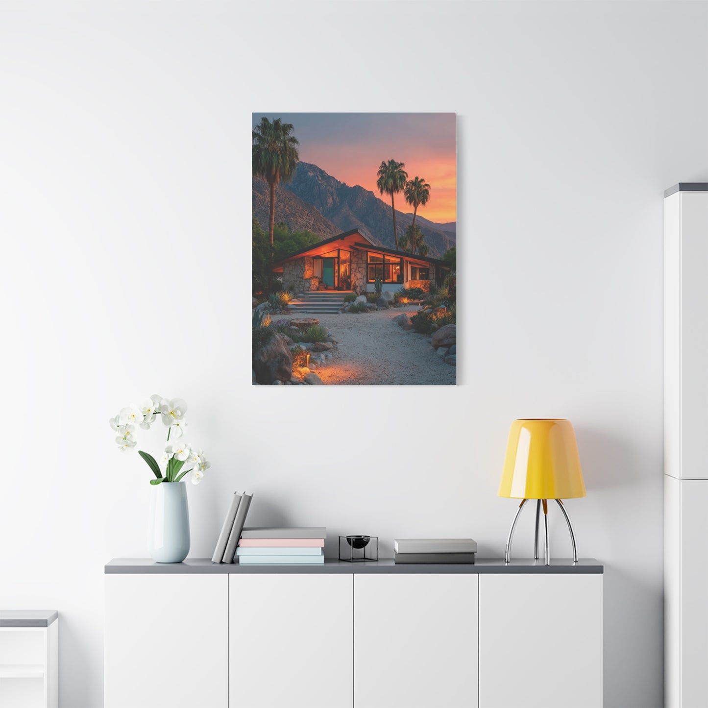 Desert Modern House at Sunset Wall Art & Canvas Print