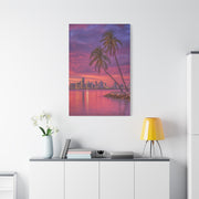 Miami Skyline Tropical Sunset With Palm Trees Wall Art & Canvas Print