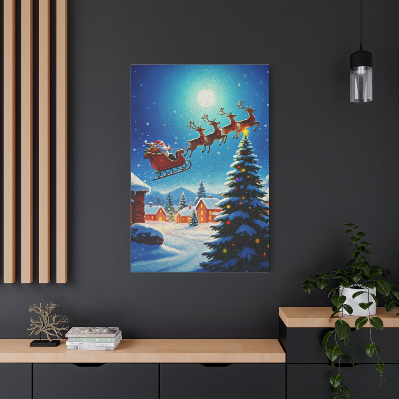 Santa Sleigh Flying Over Snowy Christmas Village Wall Art & Canvas Print