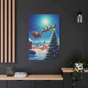 Santa Sleigh Flying Over Snowy Christmas Village Wall Art & Canvas Print
