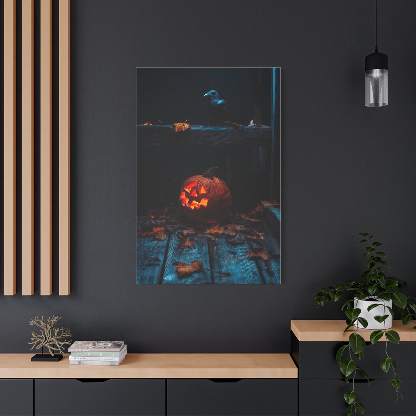 Jack-O’-Lantern and Crow on Moonlit Porch Wall Art & Canvas Print