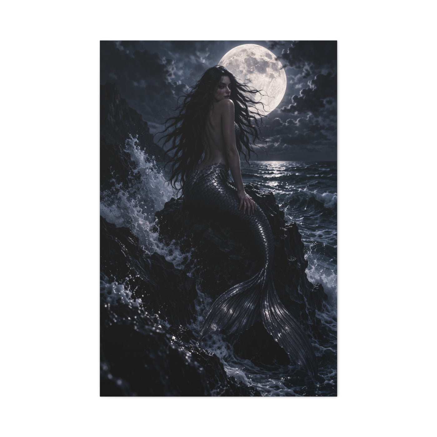 Midnight Moon Siren on the Rocks Wall Art & Canvas Print