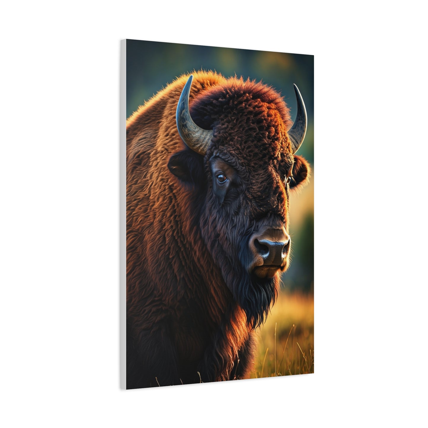 Golden Hour Bison Side Portrait with Warm Prairie Light Wall Art & Canvas Print